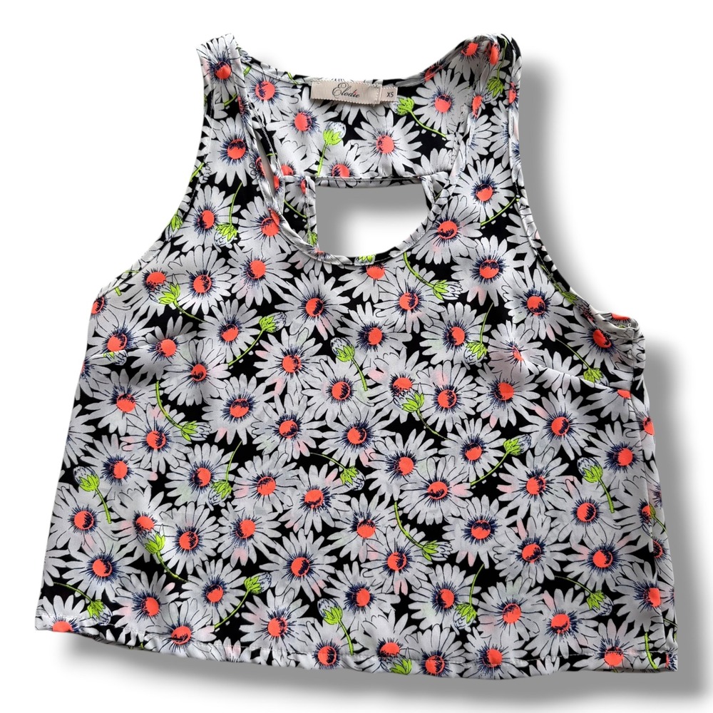 Elodie Women's XS Black White Daisy Floral Cutout Sleeveless Crop Tank Top Boho